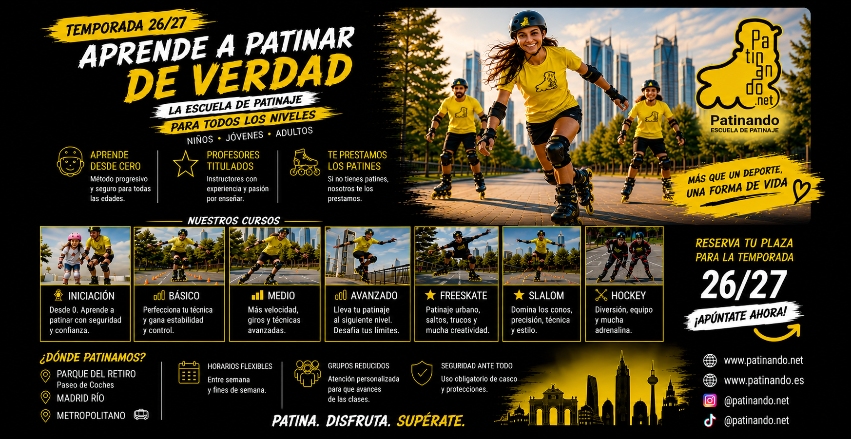 Clases de patinaje Mujeres patinando en la ciudad, promocionando un curso de patinaje. Información de contacto.